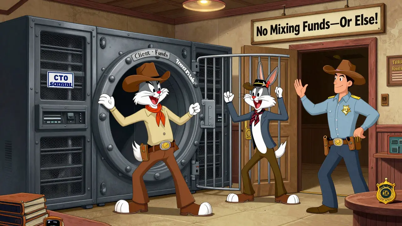 A wild west server room where a CEO locks client funds while a sheriff watches, with a 'No Mixing Funds' sign.