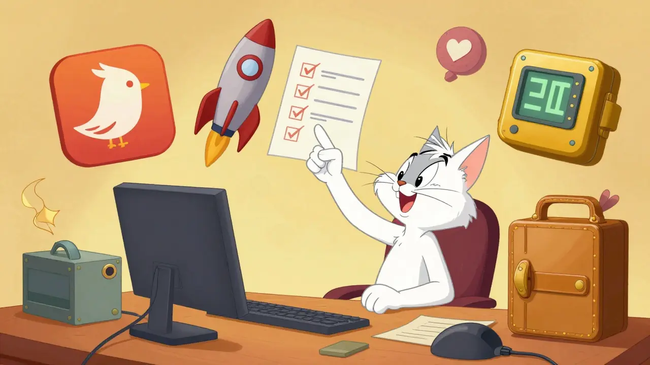 Animated character working at desk with tech gadgets