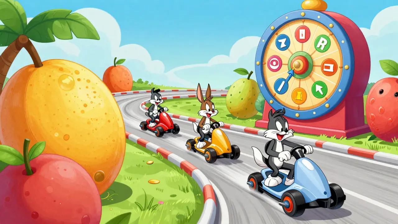 Animated characters racing on a fruit-filled track with a spinning game wheel nearby.