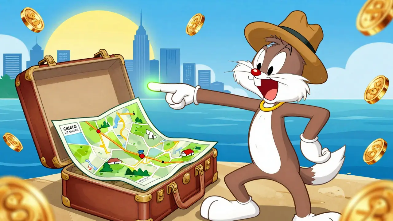 Animated explorer checks glowing map pointing toward sunny city skyline