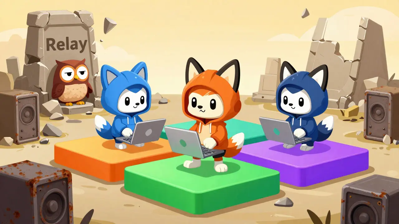 Animated robots thriving on colorful blockchains beside old relic