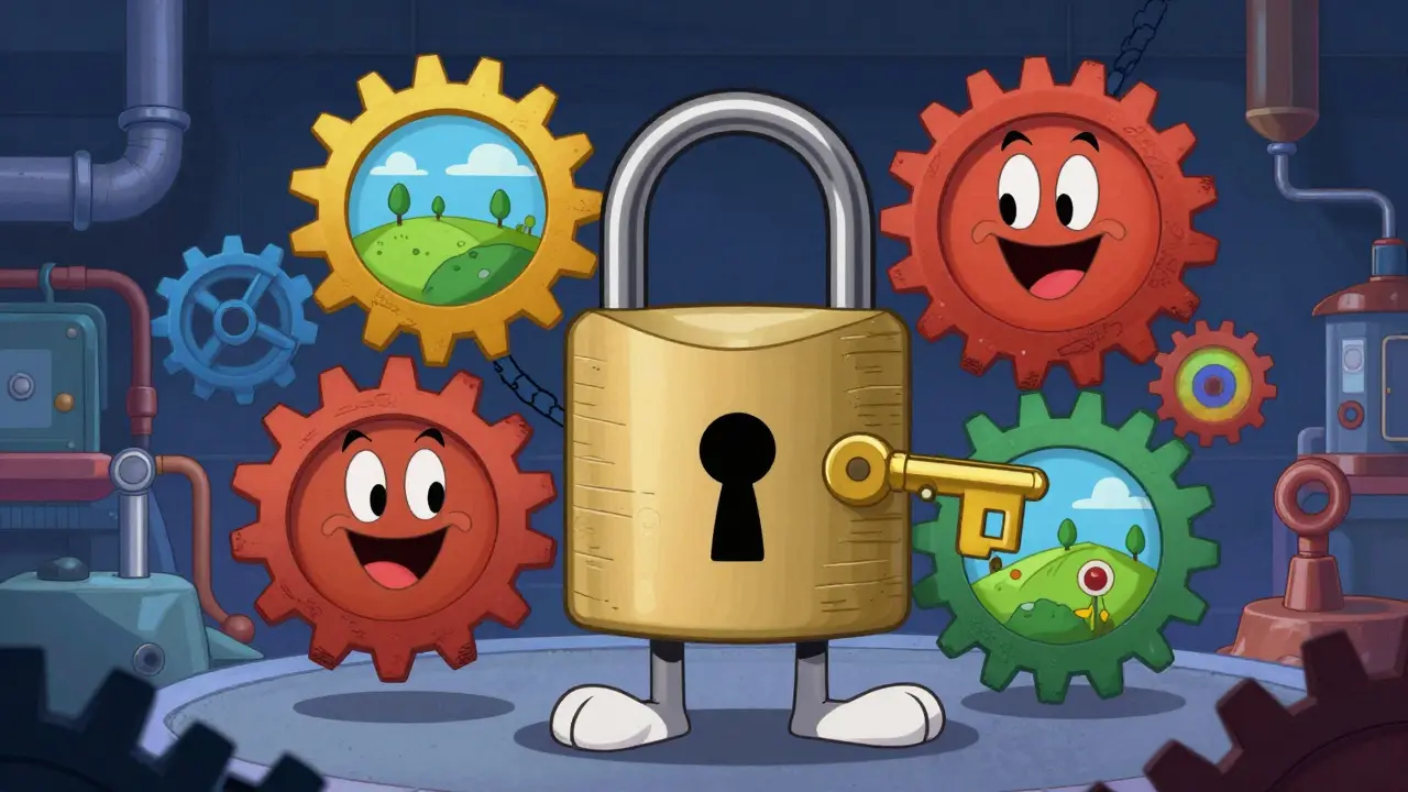 Anthropomorphic gears and locks illustrating multi-chain blockchain technology in a cartoon workshop.