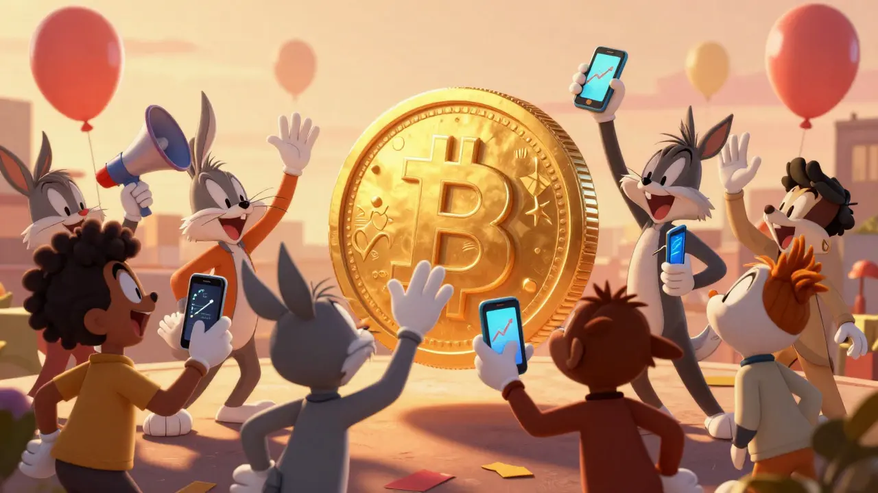 Cartoon characters cheering around a large gold coin representing crypto rewards distribution.