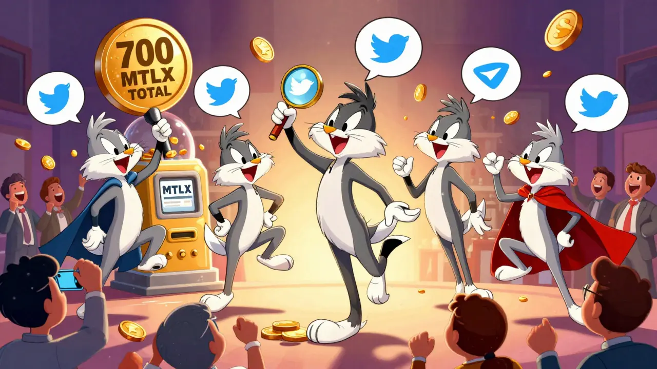 Cartoon characters with Twitter and Telegram heads celebrate as MTLX tokens rain down from a dispenser.