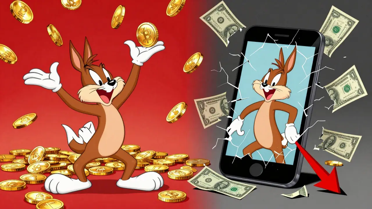 Cartoon coyote trading coins vs broken wallet disaster