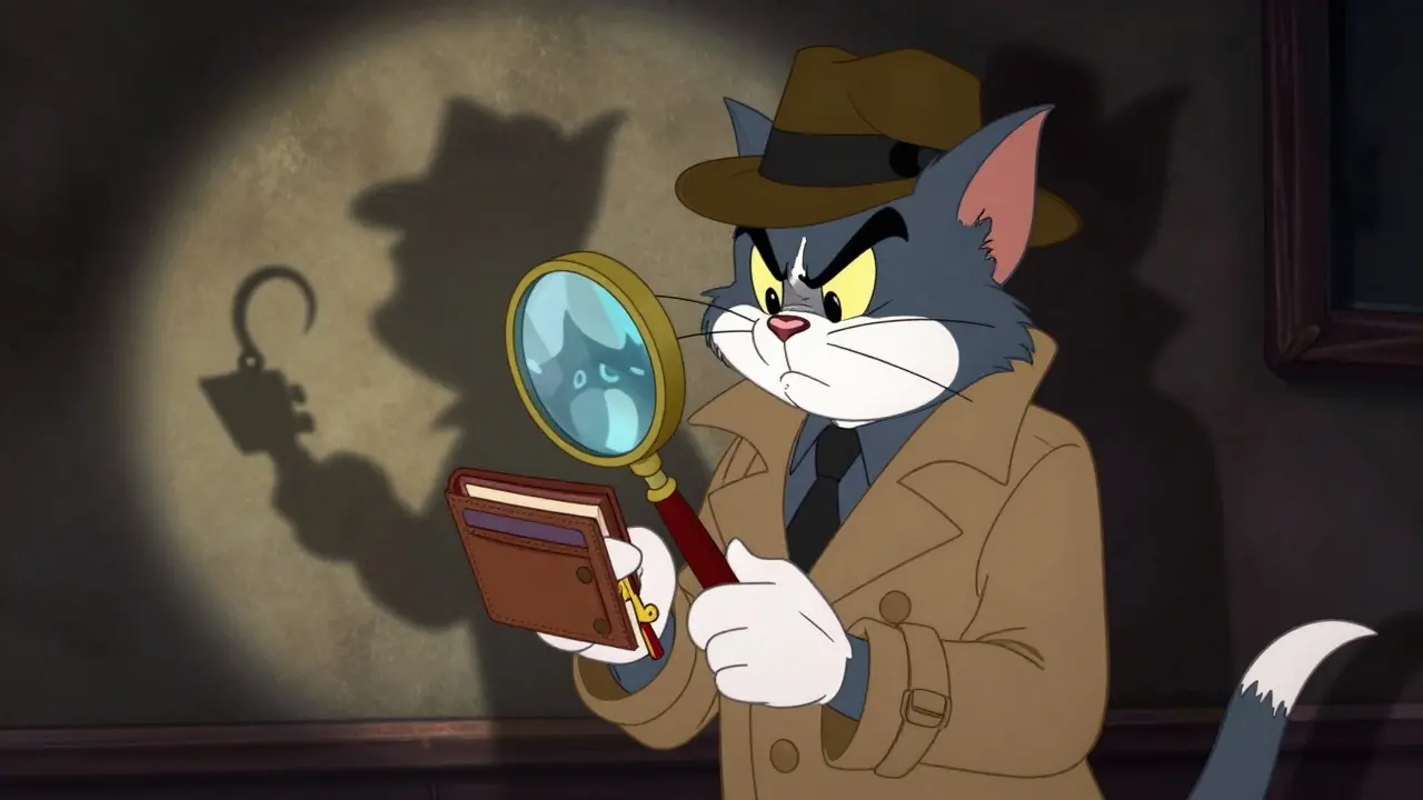 Cat detective inspecting a wallet key while a shadowy figure lurks behind.