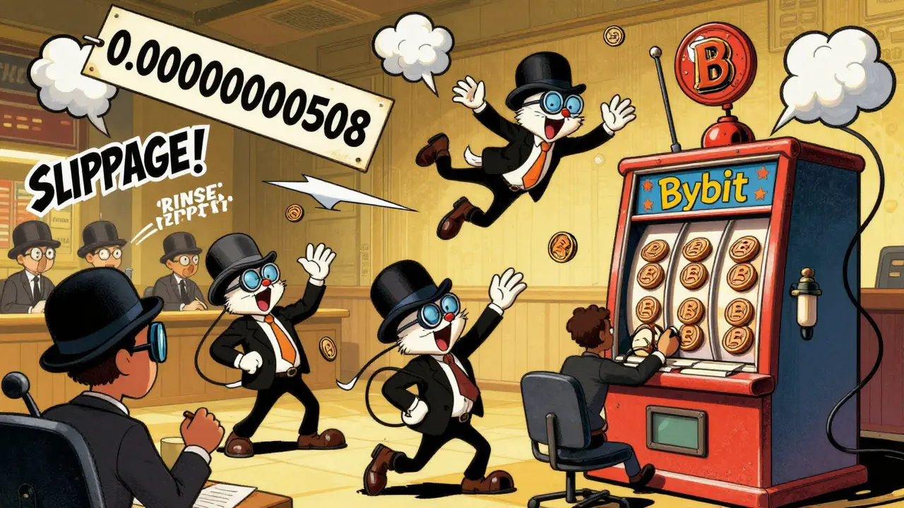 Chaotic cartoon trading floor with traders launching BURRRD tokens into a slot machine.