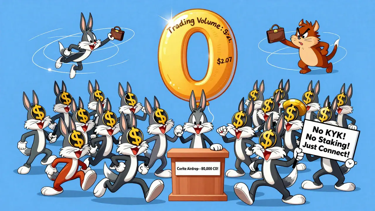 Chaotic scene of cartoon characters rushing toward a tiny airdrop podium with signs saying 'No KYC!' and a balloon reading 'Trading Volume: .07'.