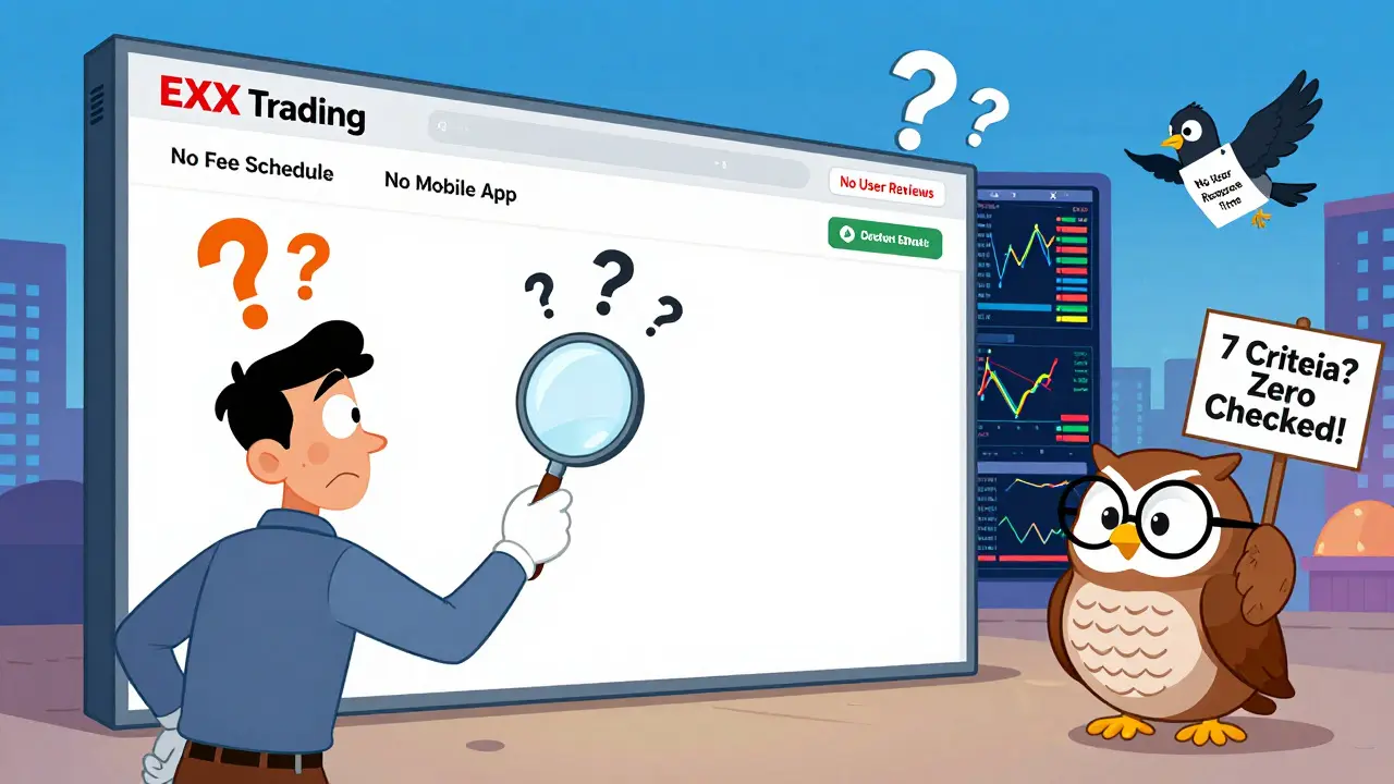Confused trader staring at a blank trading page with floating question marks and missing features.