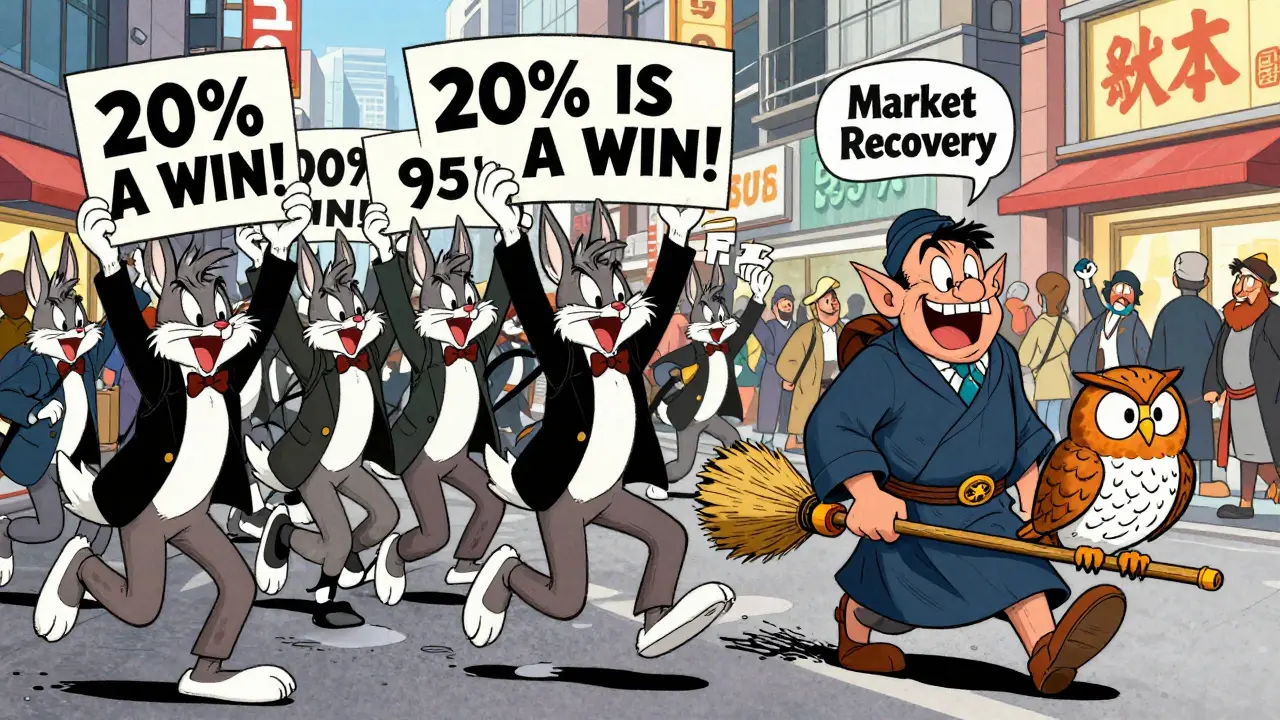 Crypto investors celebrating in Tokyo as a defeated 55% tax demon is carried away by an owl, all in classic Looney Tunes animation style.