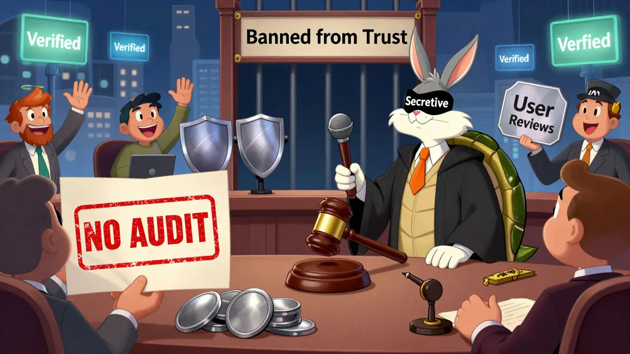 EXX on trial in court with evidence of secrecy, while other exchanges shine outside.