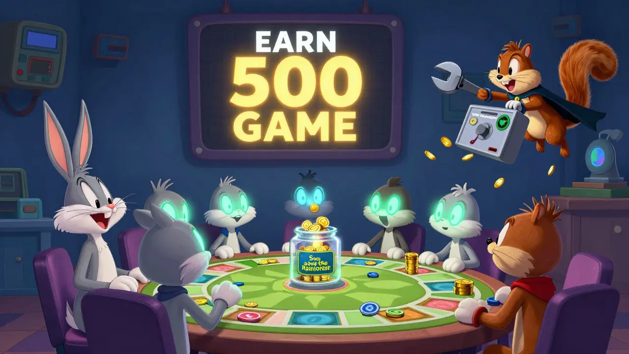 Gamers play together as GAME tokens rain down, with a charity machine turning coins into donations.