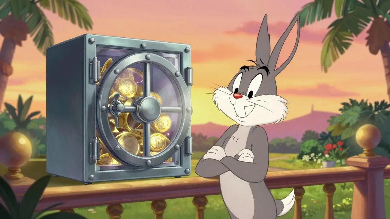 Happy cartoon figure relaxes on balcony holding secure safe box