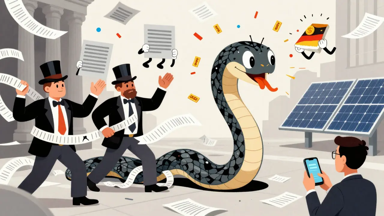 Looney Tunes-style blockchain replacing paper finance with smart contracts handing out dividends like confetti.