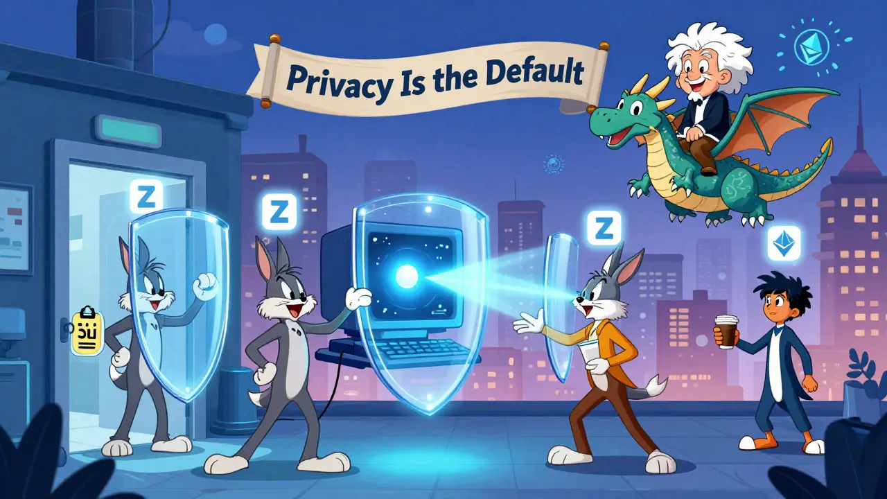 Looney Tunes-style city where citizens use invisible privacy shields for daily tasks, while a quantum computer fails to break through.