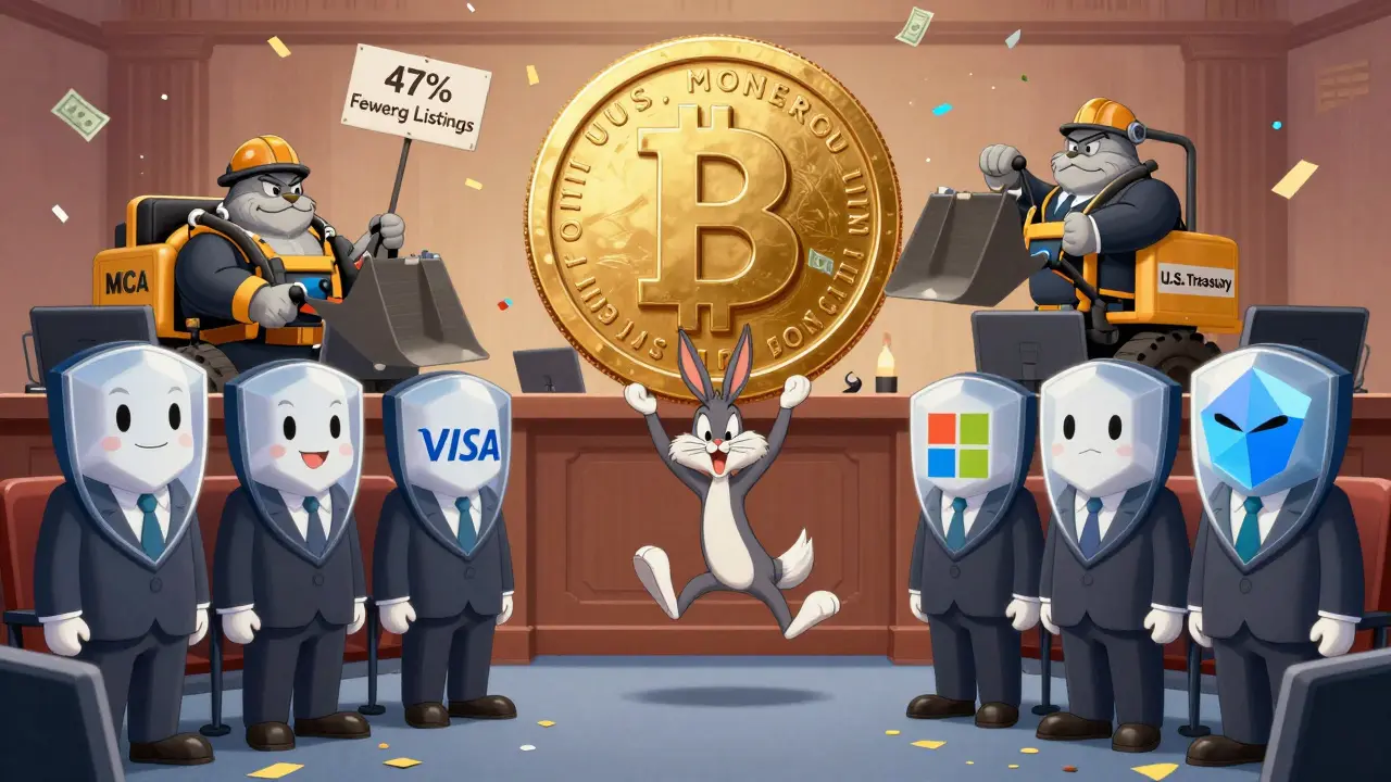 Looney Tunes-style courtroom scene with Monero being dragged away by regulators while Visa, Microsoft, and Polygon celebrate with private data shields.