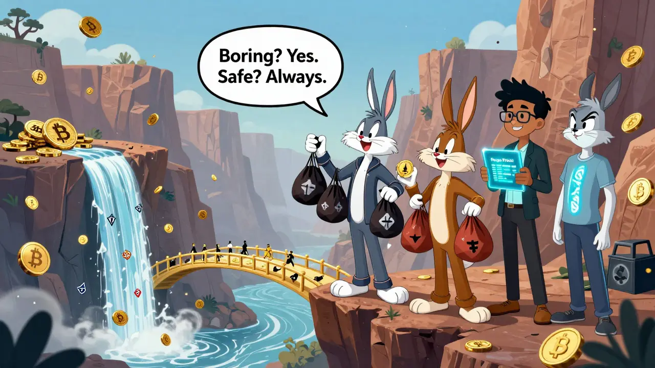 Looney Tunes-style scene showing beginner, intermediate, and advanced DeFi users on a cliff, with stablecoin bridges and volatile token waterfalls below.