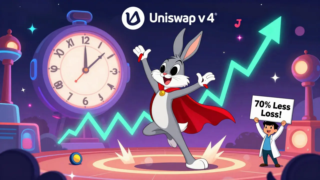 Looney Tunes-style smart contract superhero adjusting liquidity range in a neon DeFi circus, with Uniswap v4 logo glowing in the sky.