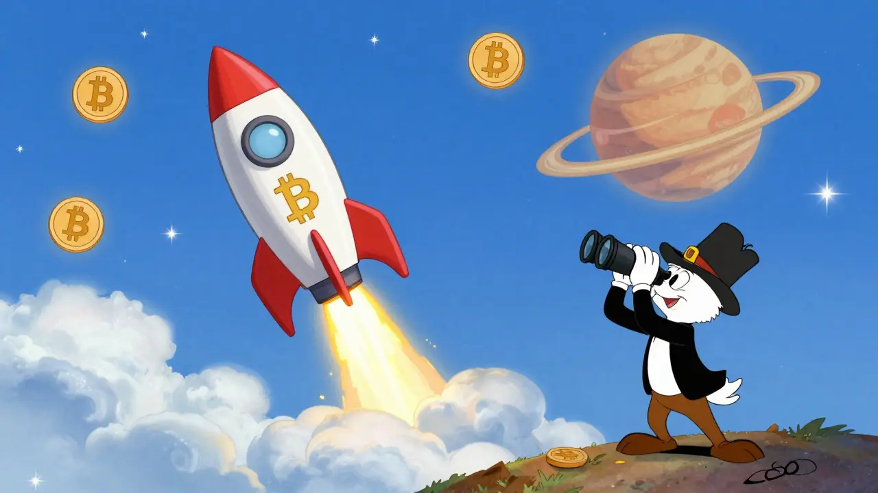 Rocket ship launching past planets with a character watching through binoculars representing future growth.