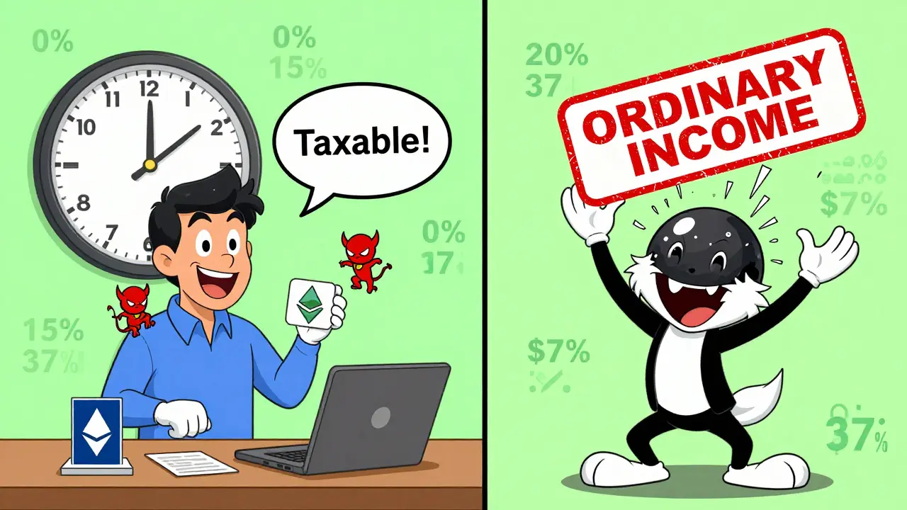 Split scene: one trader celebrating a crypto swap while a devil whispers 'taxable', another crushed by an 'Ordinary Income' stamp.