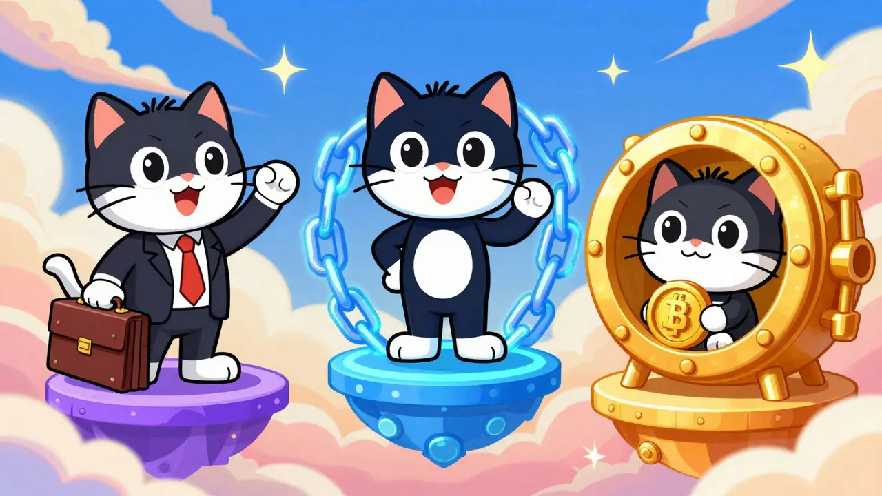 Three cartoon cats on separate platforms representing different crypto projects.