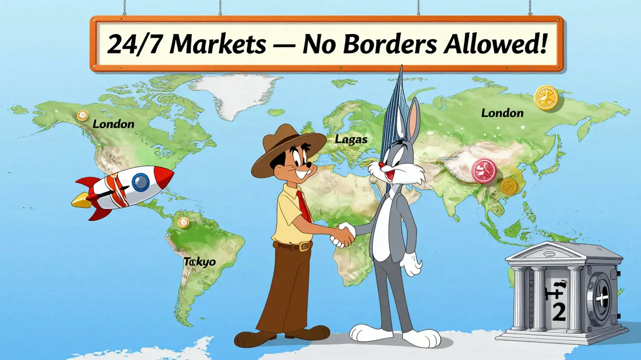 Tokens flying across a cartoon world from Kenya to London, with a rocket wallet passing a sleepy bank vault.