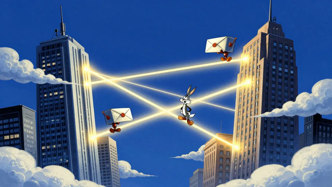 Two towers exchanging secure data packets over an ocean