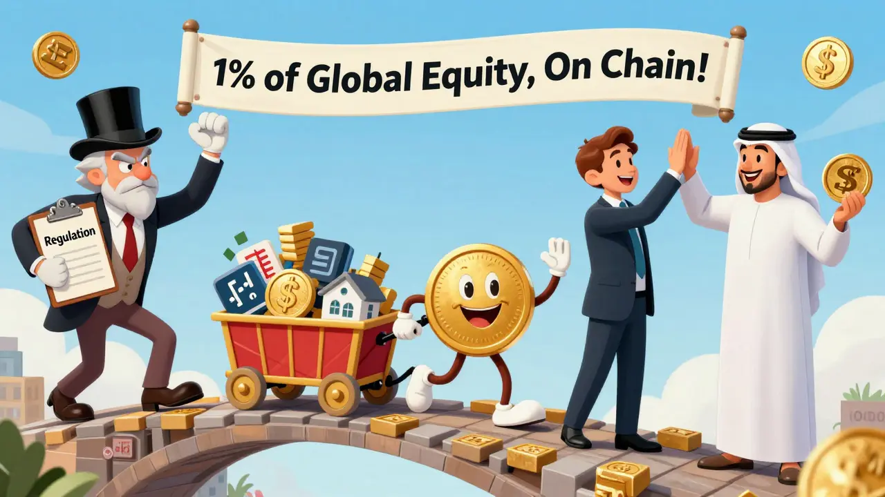 ZAM token dragging real assets across a blockchain bridge while Wall Street tries to stop it in Looney Tunes style.