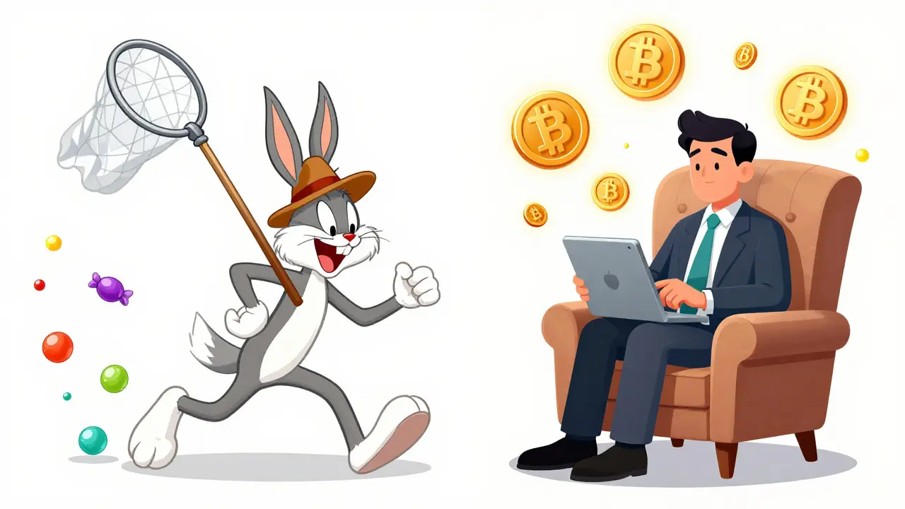 A comparison between a chaotic meme-coin hunter and a calm investor trading major assets.