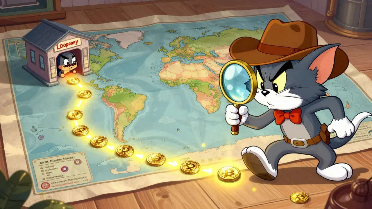 A detective with a large magnifying glass following a trail of digital coins on a map.
