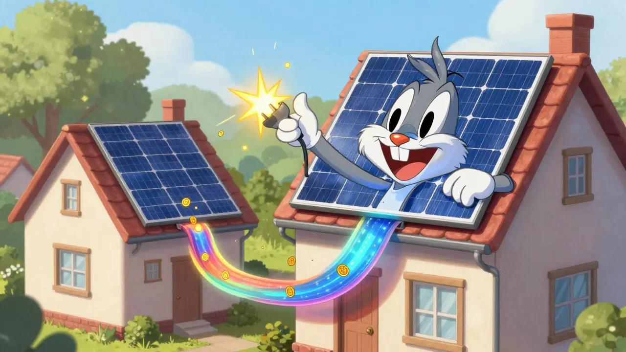 A house with solar panels selling energy to a neighbor via a digital pipeline in a cartoon style.
