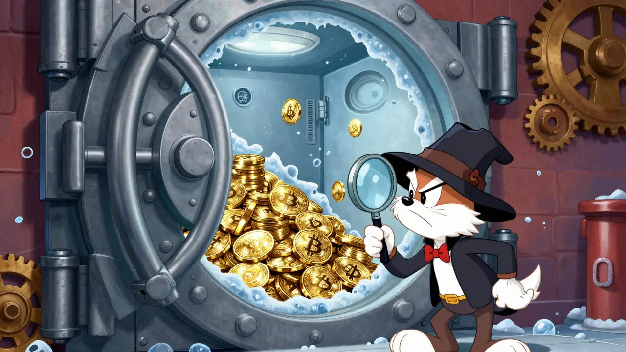 A secure cartoon vault with crypto coins stored in a cold freezer, blocking a hacker.