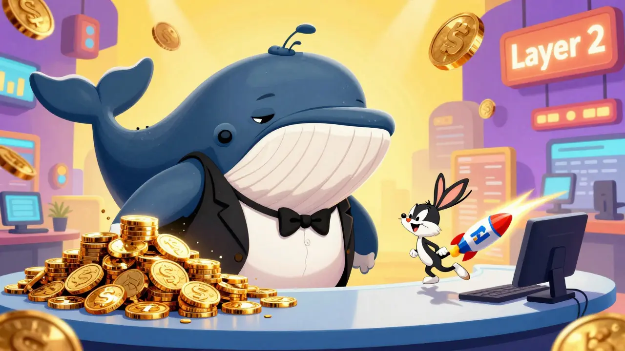 A small nimble character racing past a giant whale in a digital market.