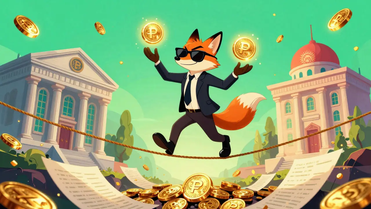 A sneaky fox in a suit juggling digital tokens on a tightrope between two countries.