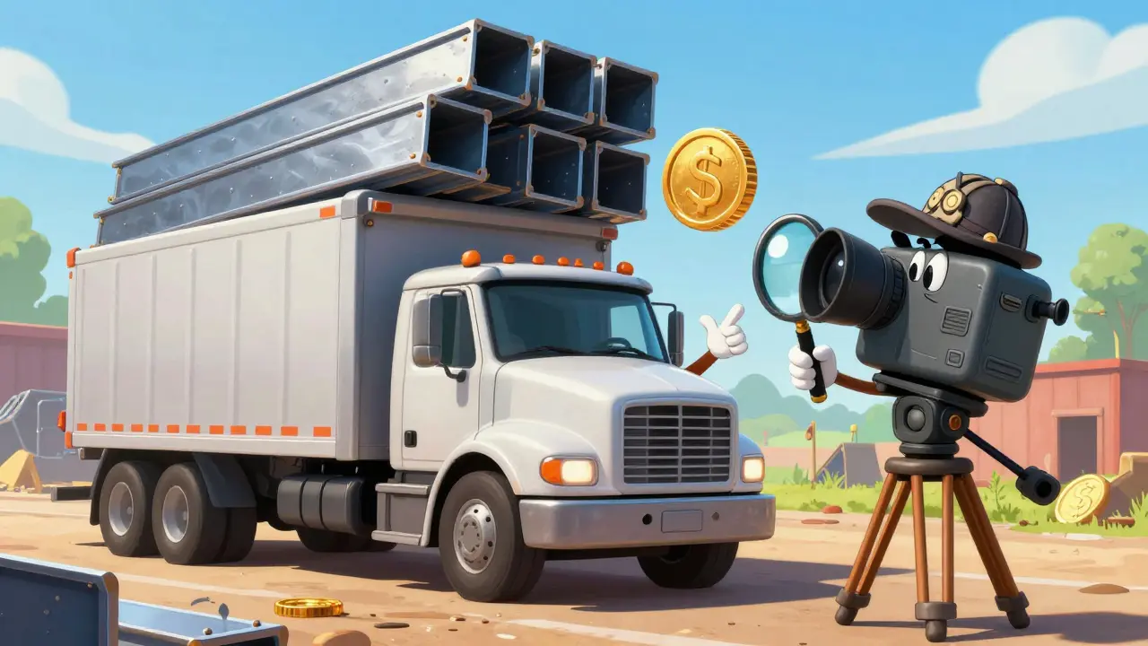 An animated camera verifying a steel delivery to trigger an automatic payment in a cartoon style.