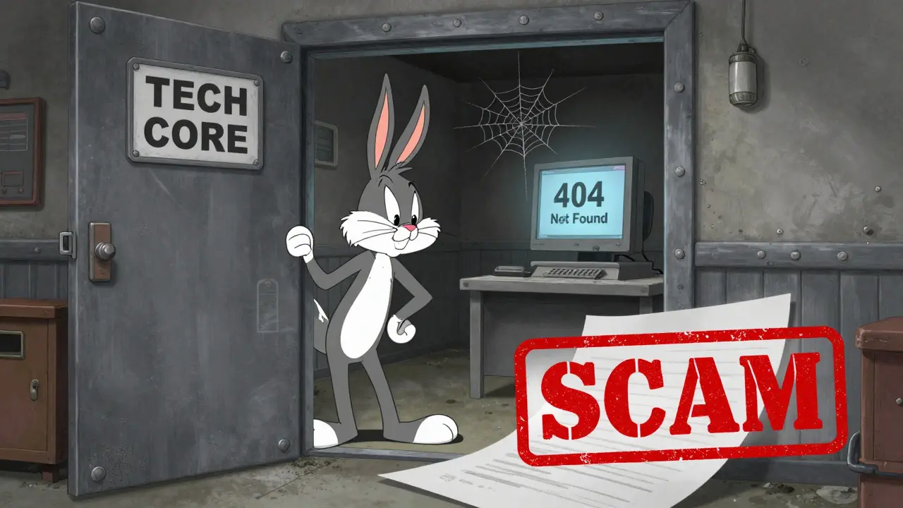 An empty, dusty room representing a lack of technical development with a large red scam stamp.