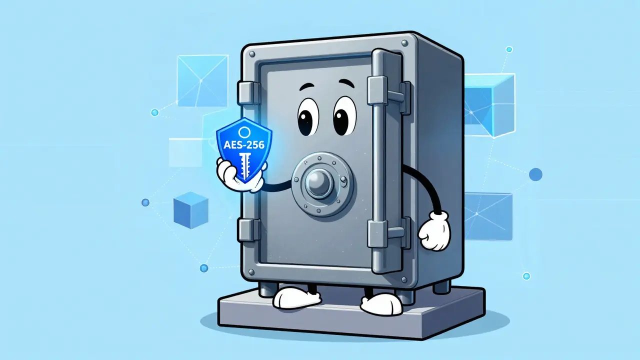 Anthropomorphic safe holding encryption key with blockchain nodes in background.