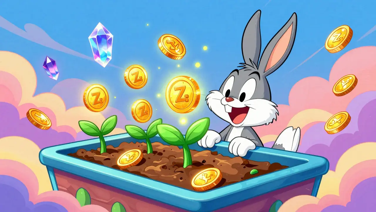 Cartoon character farming glowing ZYB tokens in a surreal digital garden.