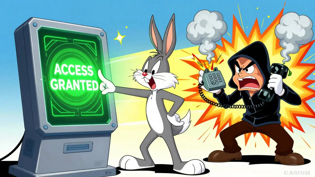 Cartoon depicting successful biometric security while a hacker's phone explodes.