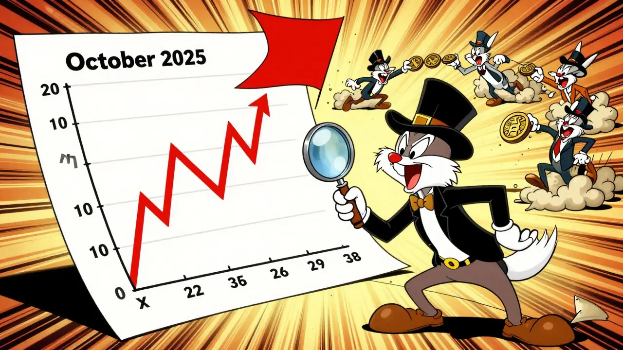 Cartoon detective analyzing a manipulated price chart with characters performing wash trading.