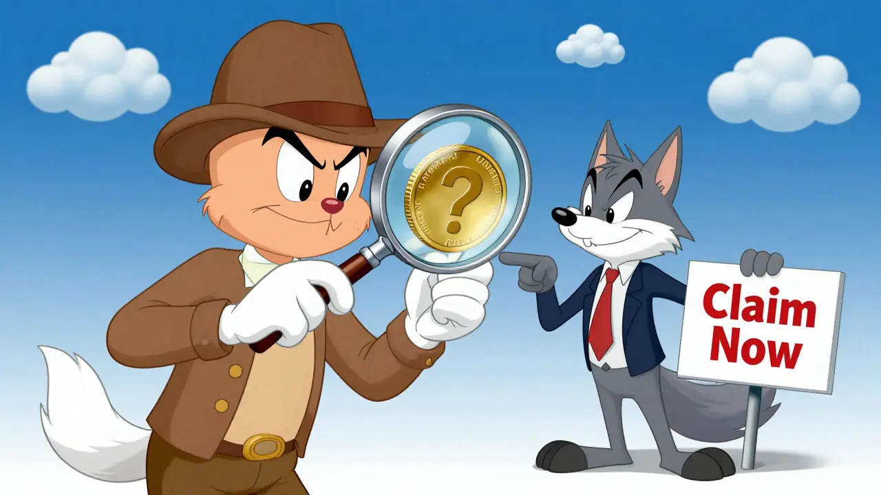 Cartoon detective examining a mysterious coin while avoiding a sneaky scammer.