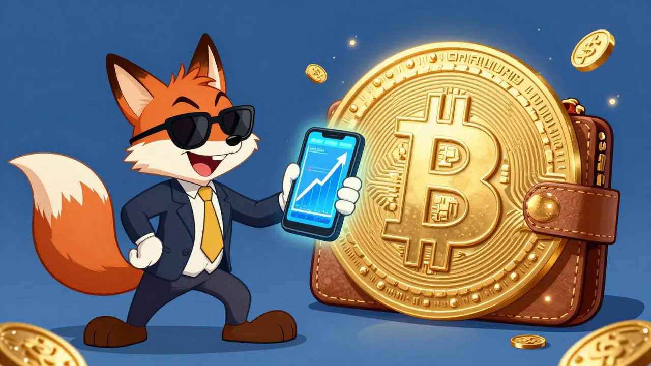Cartoon fox tricking a person with a fake crypto investment on a phone in Looney Tunes style.