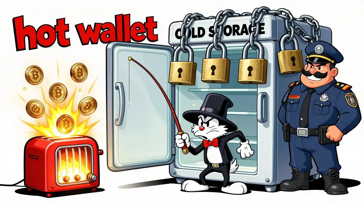 Cartoon illustration comparing a sparking hot wallet to a heavily locked cold storage freezer.