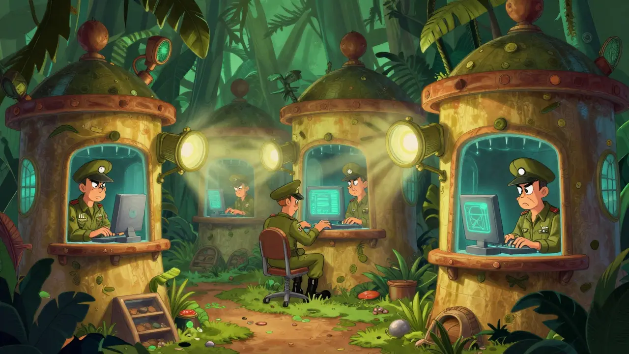 Cartoon jungle compound with guards and people working at computers in Looney Tunes style.