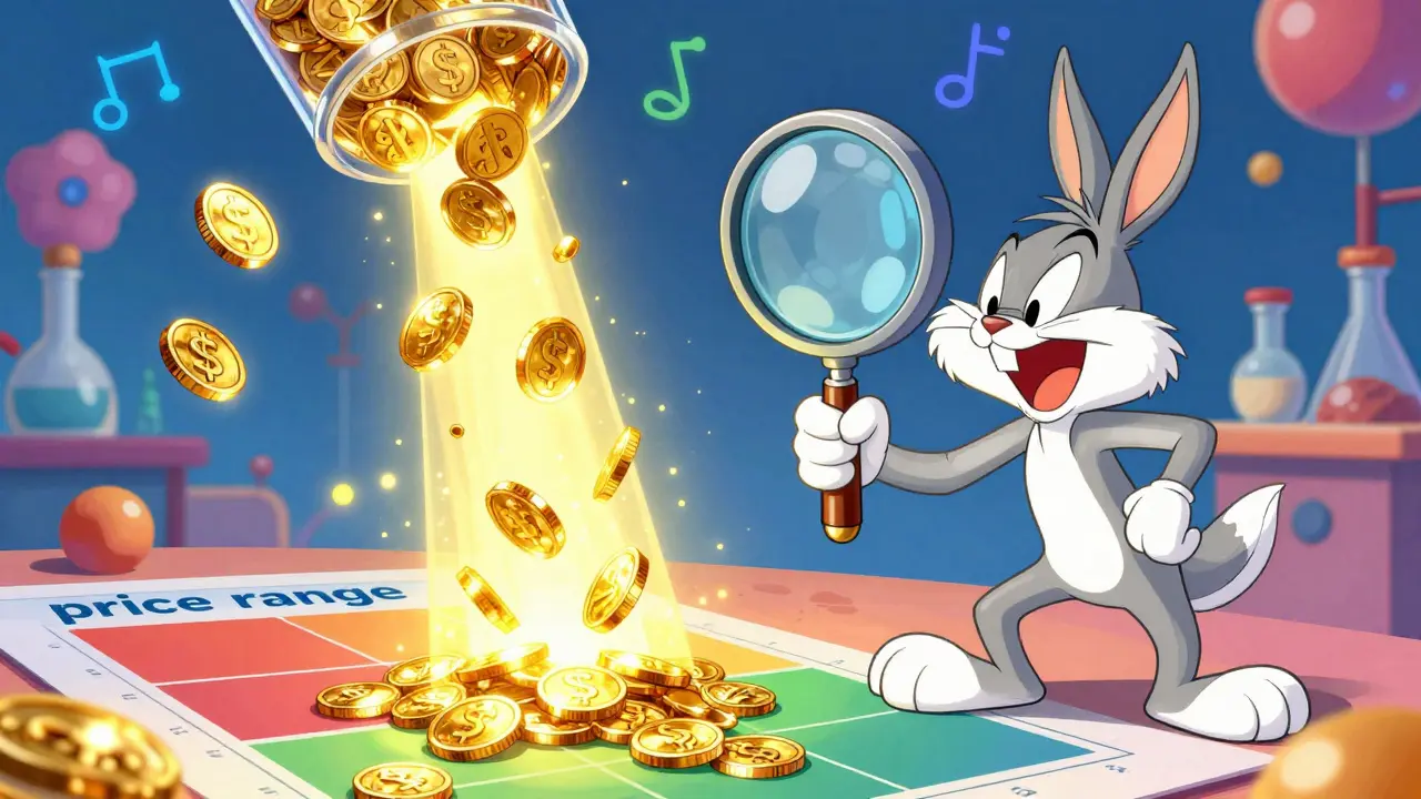 Cartoon scientist compressing gold coins into a narrow range to represent concentrated liquidity