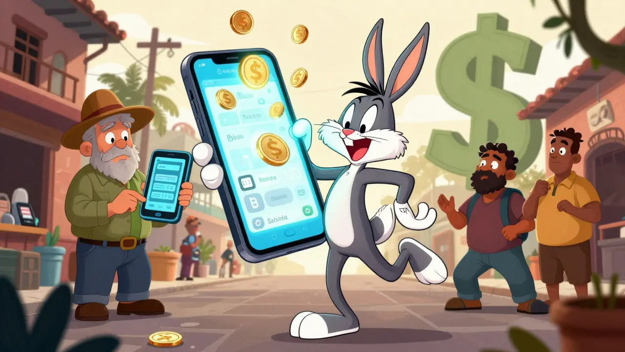 Cartoon showing a tech-savvy youth and a confused vendor using digital currency.