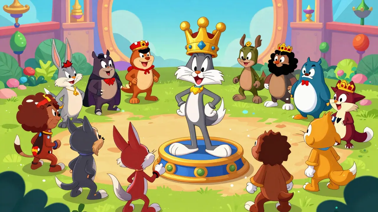 Colorful cartoon battle between fantasy races in a MOBA arena with a crowned hero.