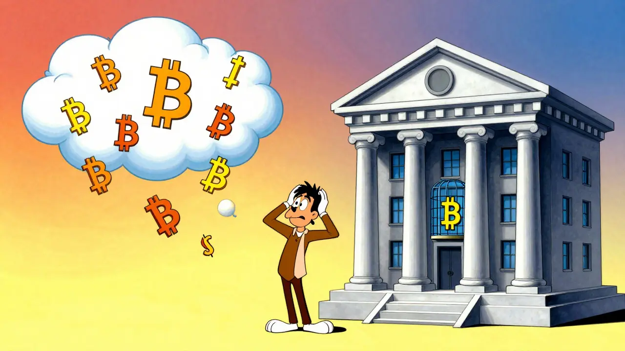 Comparison between decentralized Bitcoin and a centralized government bank in cartoon style.