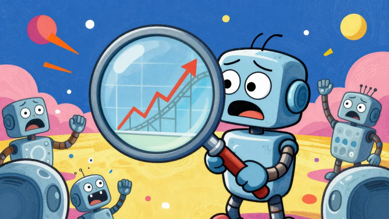 Confused robot examining a volatile price chart shaped like a roller coaster.