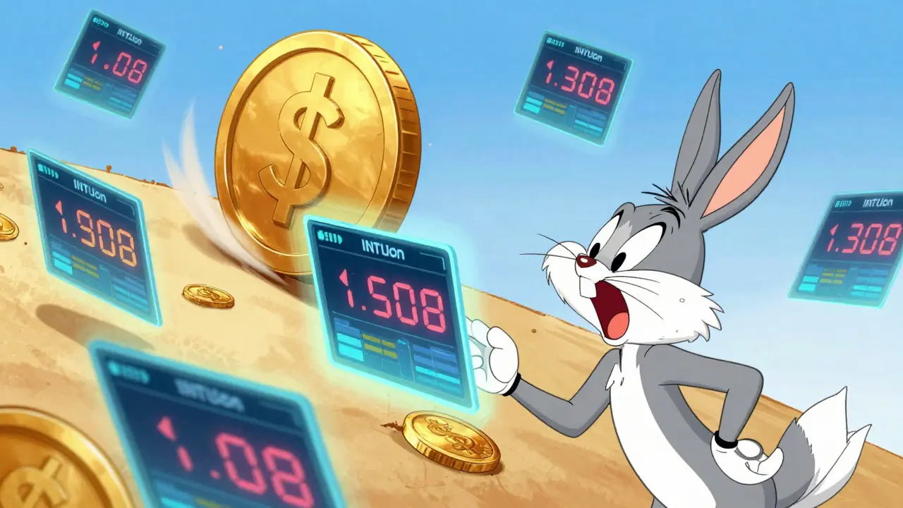 Frantic cartoon character looking at varying stock prices with a compounding gold coin snowball.